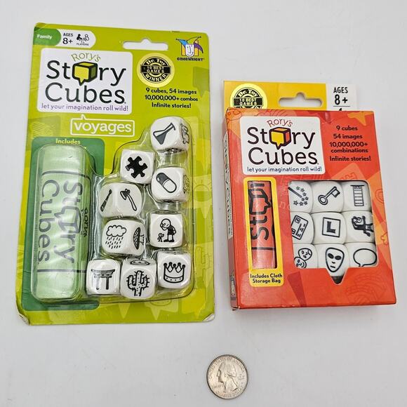 Lot of 2 Gamewright Story Cubes Orange & Green Original & Voyages Edition Dice - Picture 1 of 2